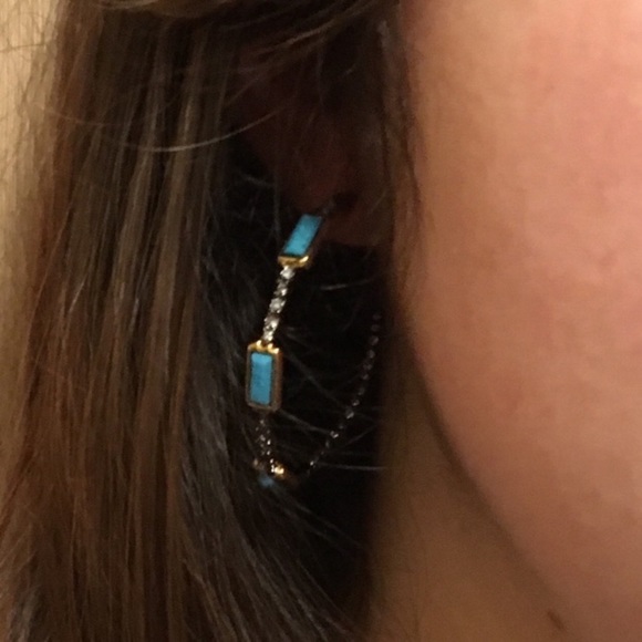 Alexis Bittar Lightweight Turquoise Black Gold Baguette Punk Hoop Post Earrings - Picture 3 of 9